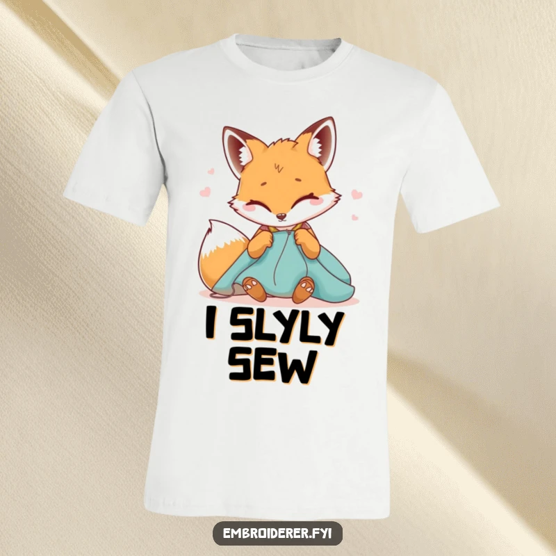 Funny t-shirt depicting a winking fox carefully sewing fabric, showcasing crafty cunning and a humorous, sly attitude.