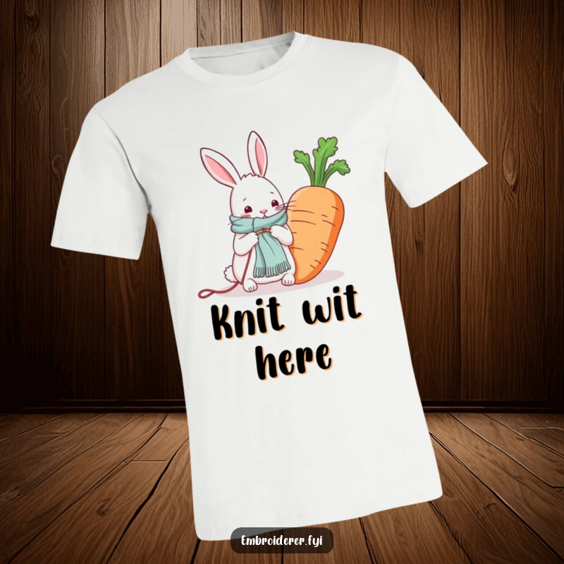 Funny t-shirt featuring a rabbit diligently knitting a scarf for a giant carrot, celebrating creative endeavors.