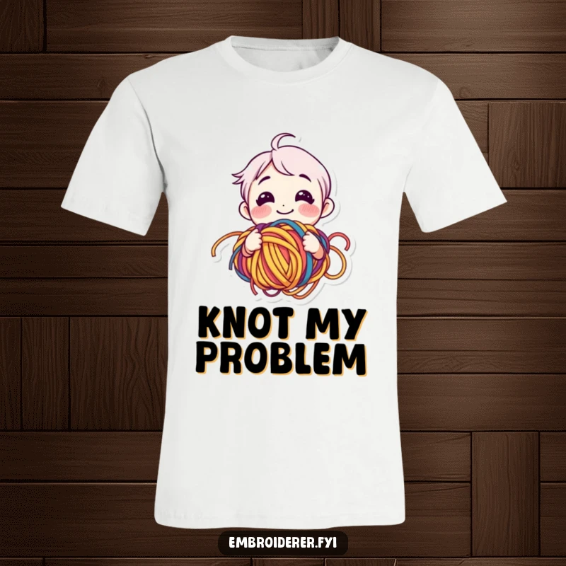 Funny yarn lover t-shirt featuring a smiling character happily confused by tangled colorful yarn, perfect for crafters.