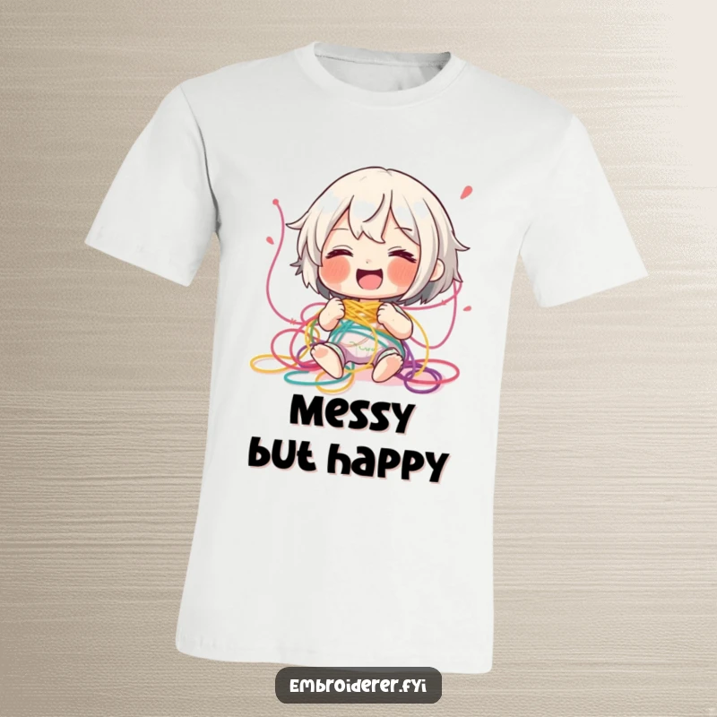 Funny tangled thread t-shirt, depicting a character chuckling amidst a delightful entanglement of vibrant embroidery threads, celebrating crafting fun.