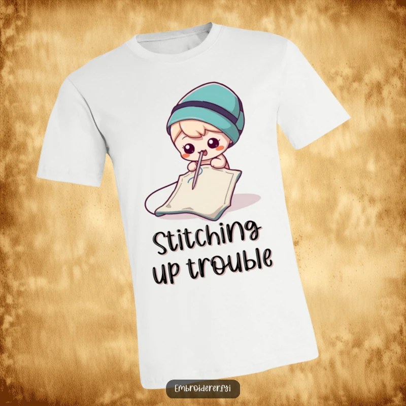 Funny Needle T-Shirt depicting a small, impish needle mischievously poking a piece of fabric, showcasing sewing antics.