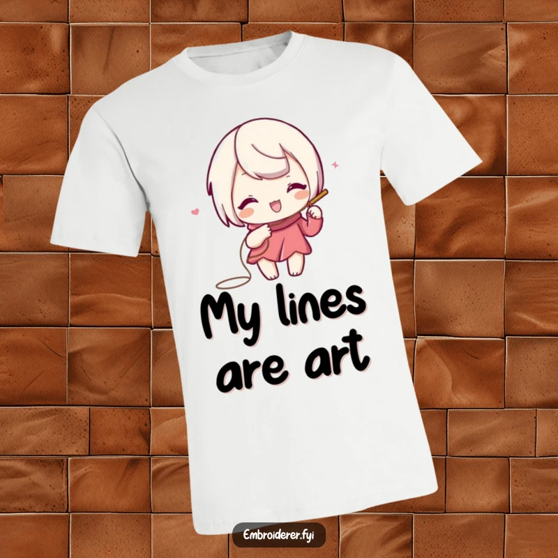 Funny t-shirt showing a playful character using needle and thread to draw a swirling, decorative line.