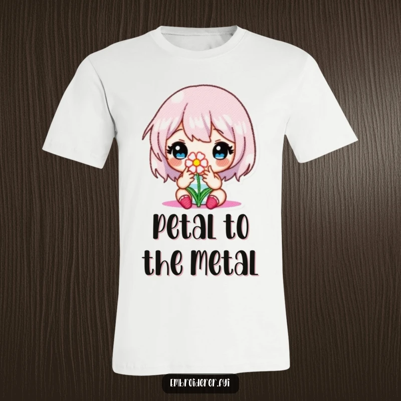 Funny t-shirt depicting a character deeply focused on embroidering a small, intricate flower, celebrating crafting precision.