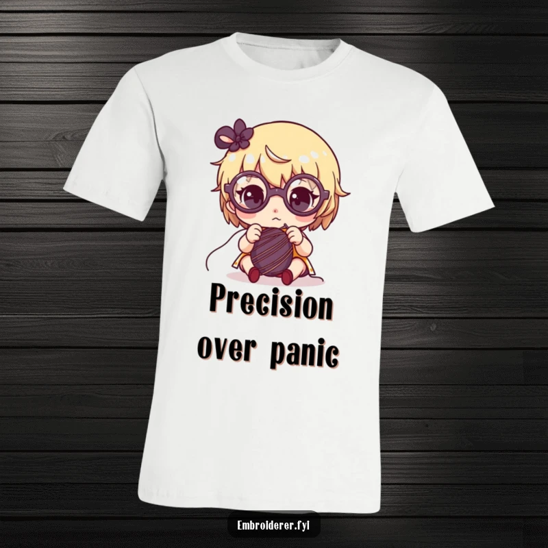 Funny t-shirt featuring a cute character with large glasses concentrating on sewing with a needle and thread.
