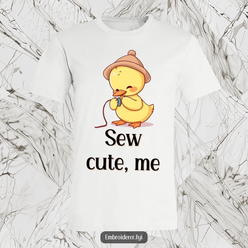Funny t-shirt featuring a cute duck in a tiny hat struggling to sew a button, celebrating effort and mishaps.
