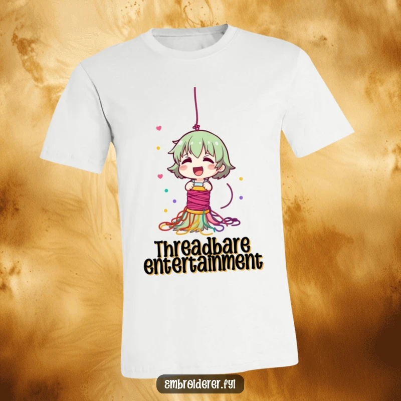 Funny t-shirt with a giggling character dropping a spool of thread, creating a beautiful and colorful cascade of yarn.