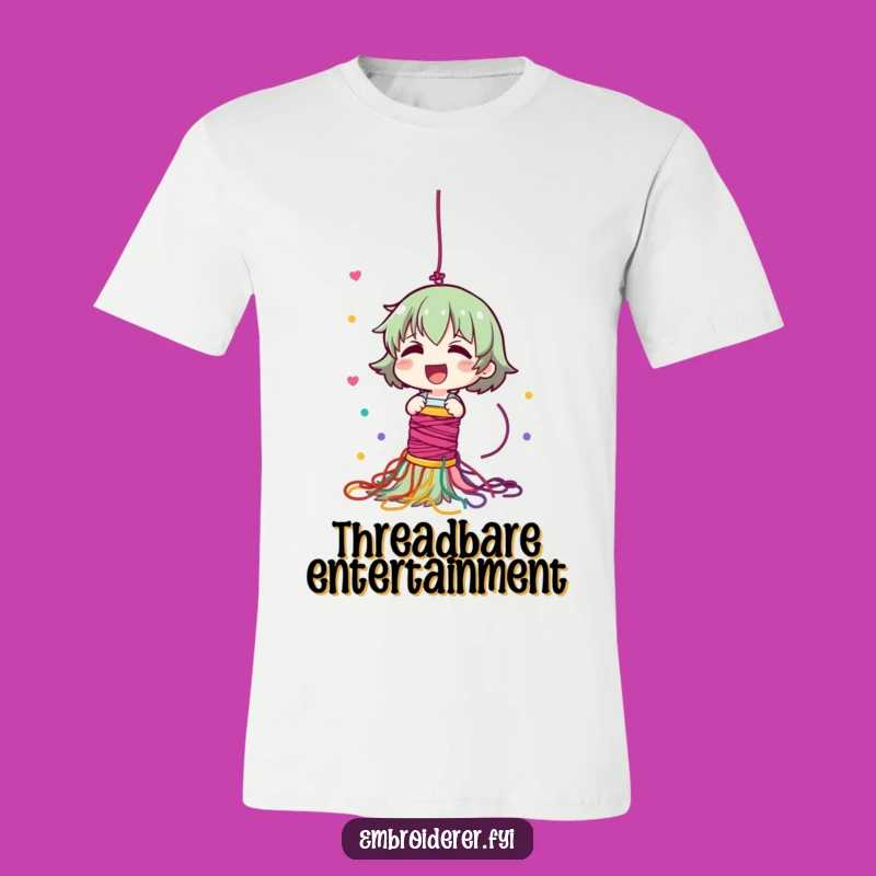 Funny Thread Spill T-Shirt: Giggling Character's Colorful Cascade Tee