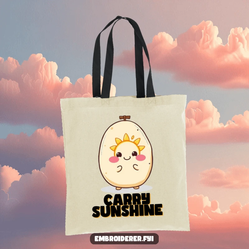 Funny tote bag with a happy potato enthusiastically embroidering a tiny smiling sun, perfect for crafters.