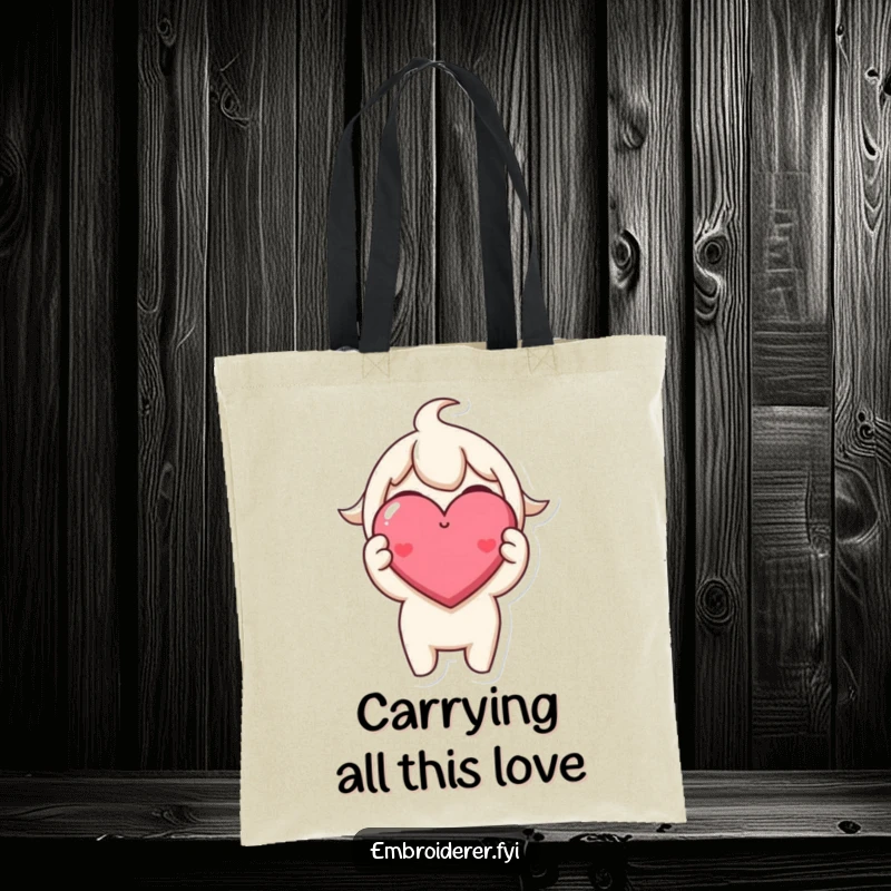 Funny Tote Bag: Character happily holds a small, perfectly stitched, smiling heart, symbolizing love and crafting.
