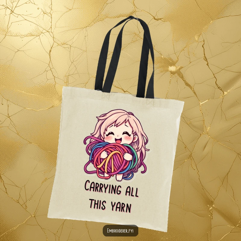 Funny tote bag with a smiling character holding a big, tangled ball of colorful yarn, looking happy but confused.