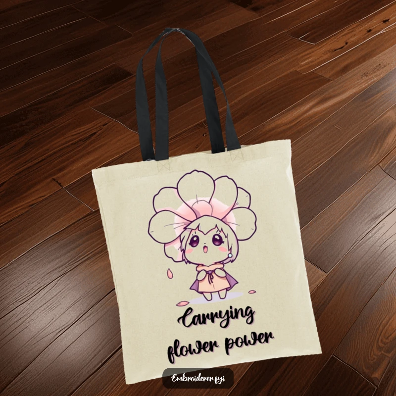 Funny character looking up in surprise as a large embroidered flower petal drifts down, depicted on a tote bag.