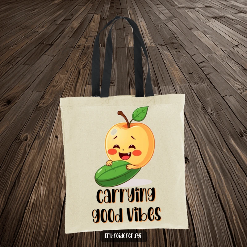 Funny tote bag with a delighted apple trying to stitch a smile onto a grumpy cucumber.