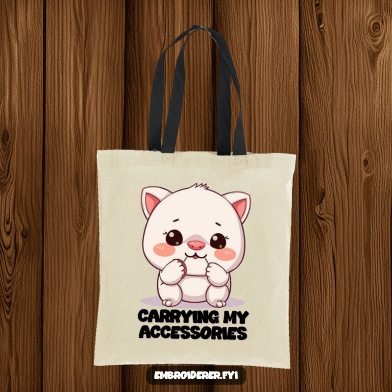 Funny tote bag featuring a mischievous character trying to sew a tiny button onto its own nose, a humorous sewing project illustration.