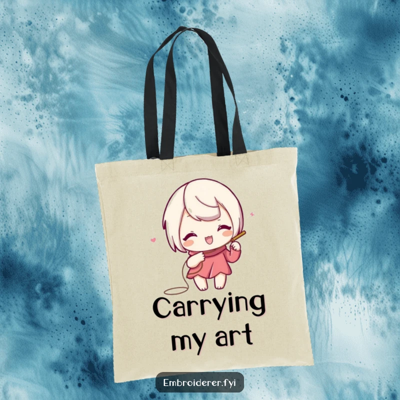 Funny tote bag with a playful character using needle and thread to draw a swirling, decorative line.