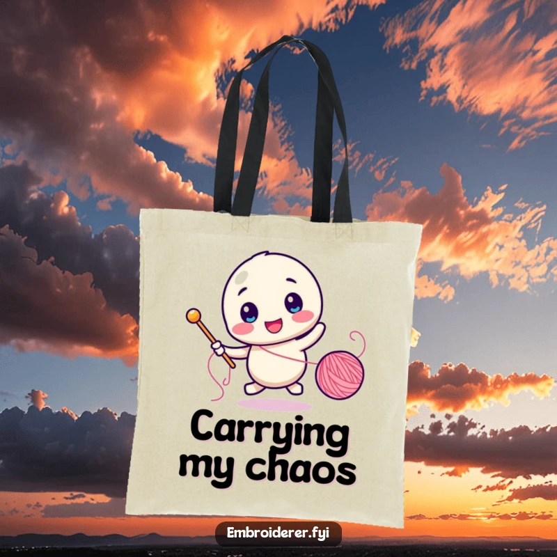 Funny tote bag depicting a character in humorous pursuit of a runaway spool of thread with a needle.