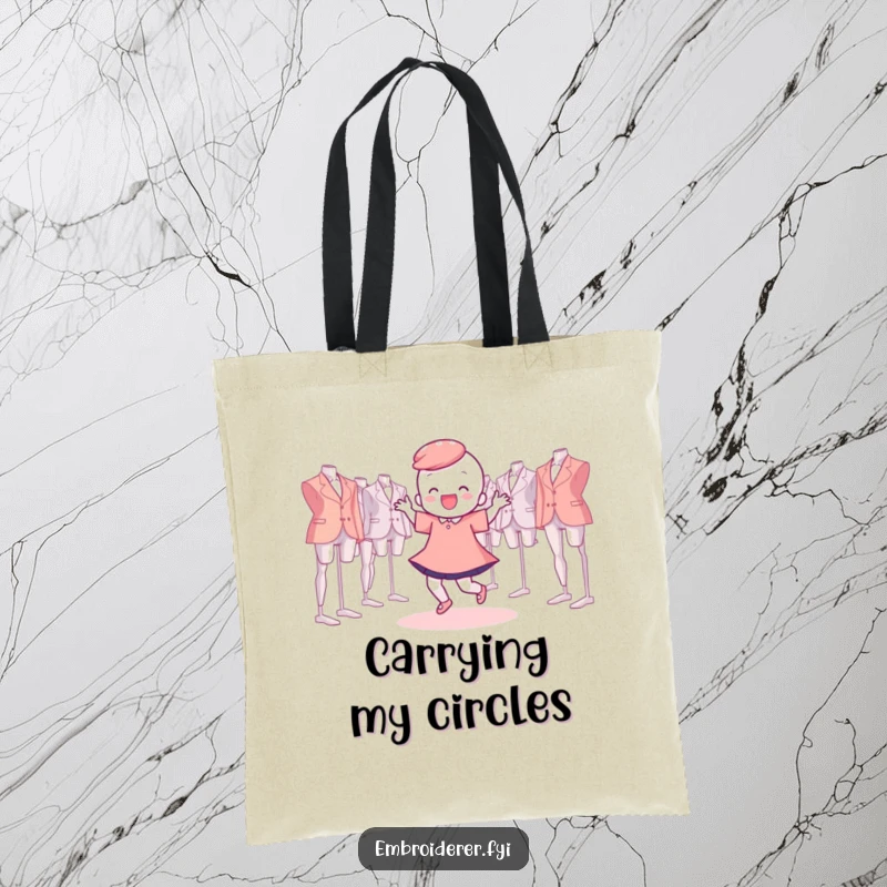 Funny Tote Bag depicting a character happily dancing surrounded by floating embroidery hoops, a humorous crafter accessory.