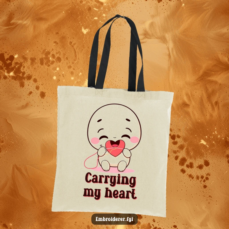 Funny smiling character stitching a heart with a needle and thread on a durable tote bag.