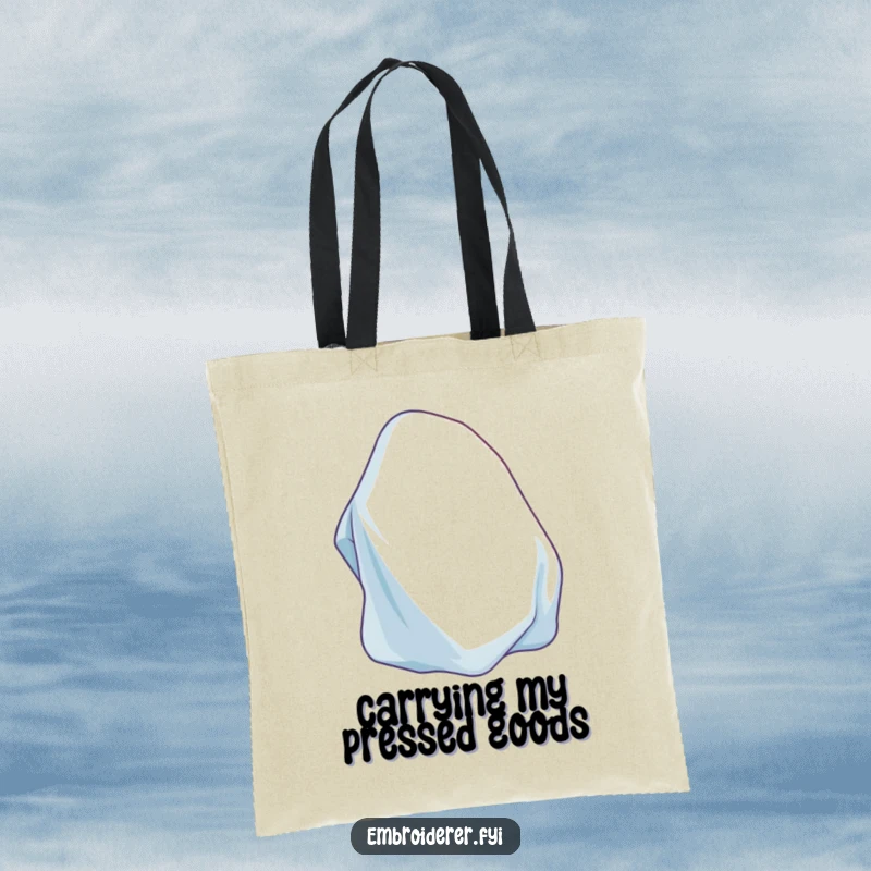 Funny Iron Tote Bag illustrating a contented iron smoothing fabric, great for carrying household items with style.