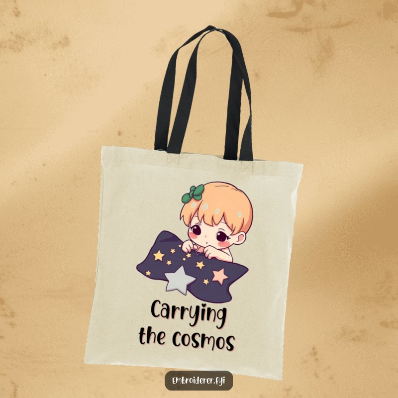 Funny tote bag showing a determined character carefully stitching tiny stars onto dark fabric, a celestial crafting theme.