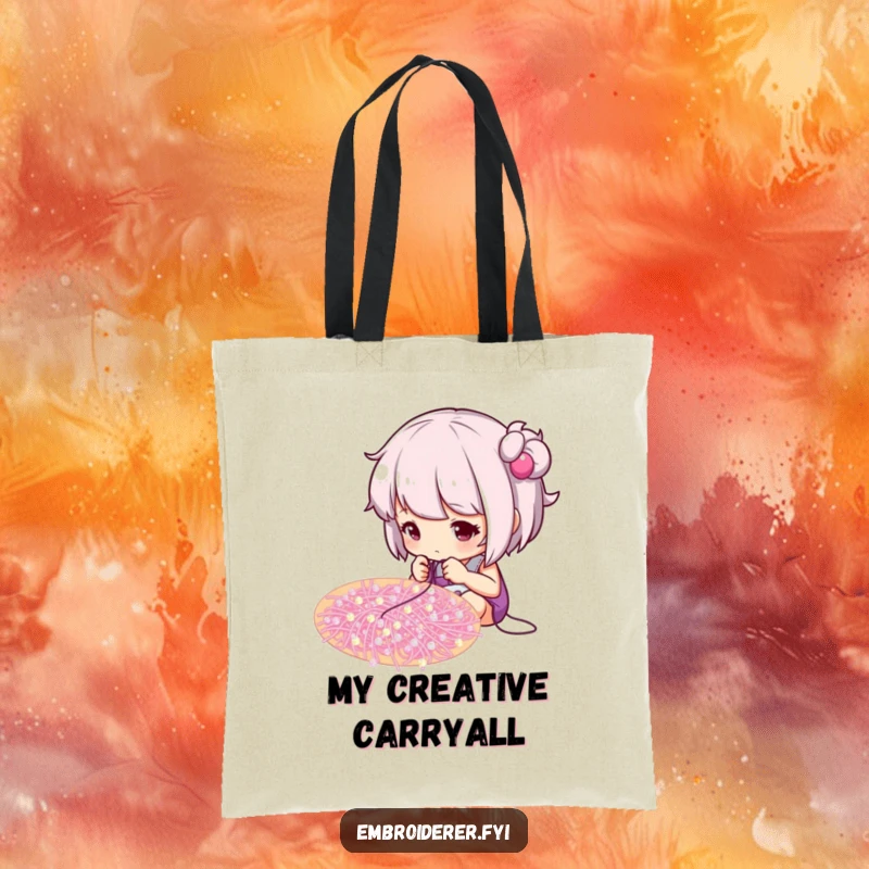 Funny tote bag depicting a crafter intently stitching beads onto a swirling pattern, a stylish accessory.