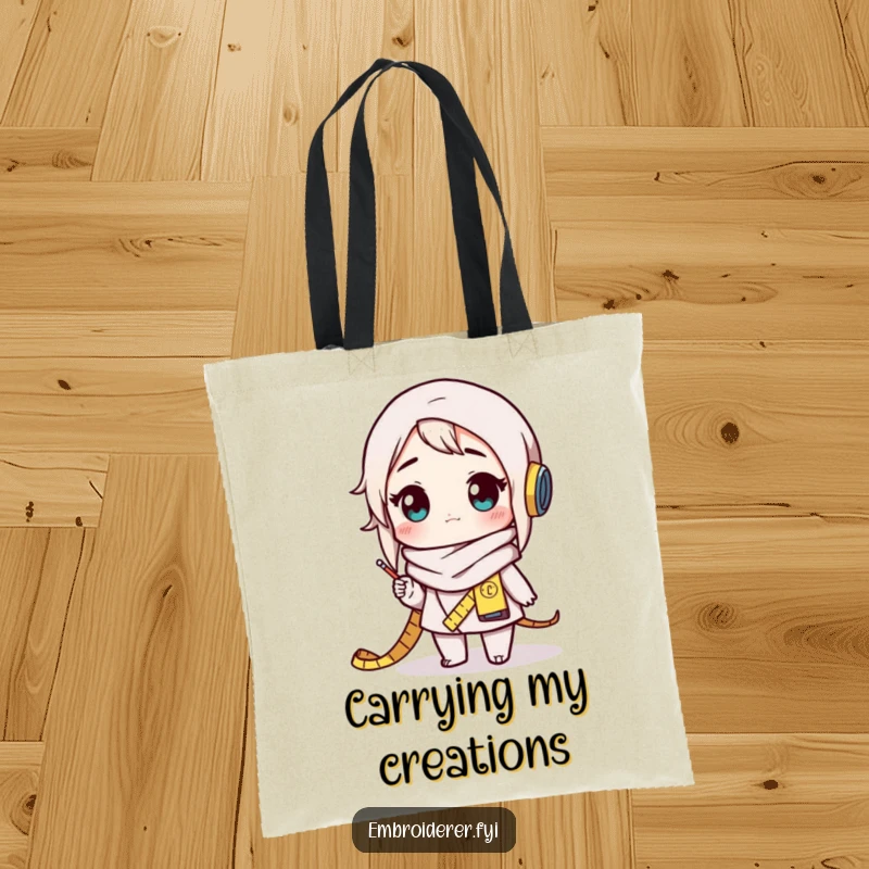 Funny crafter tote bag featuring a character with a measuring tape scarf, looking amazed at a completed creation, showcasing artistic wonder.