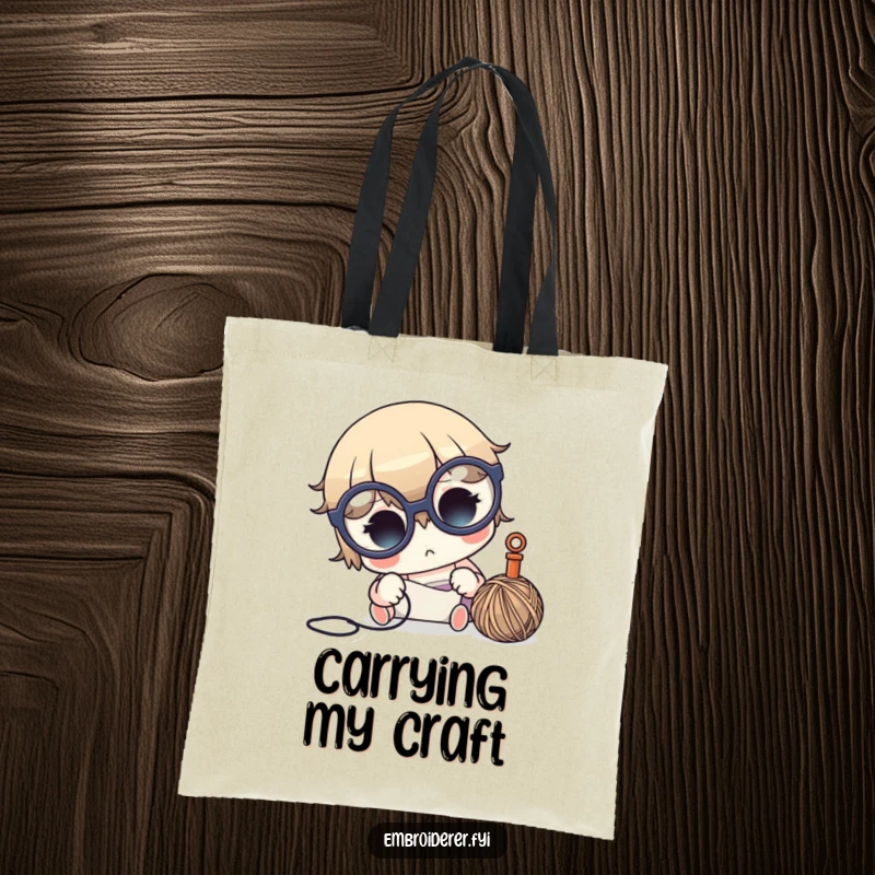 Funny crafter tote bag with a cute character in big glasses, focused on needle and thread, perfect for carrying supplies.