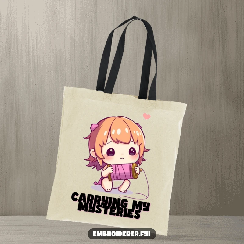 Funny tote bag with a curious character examining a spool of thread with wonder, ideal for carrying sewing notions.
