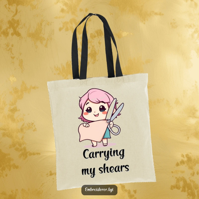 Funny tote bag showing a happy character with comically large scissors, poised to cut a fabric swatch with enthusiasm.