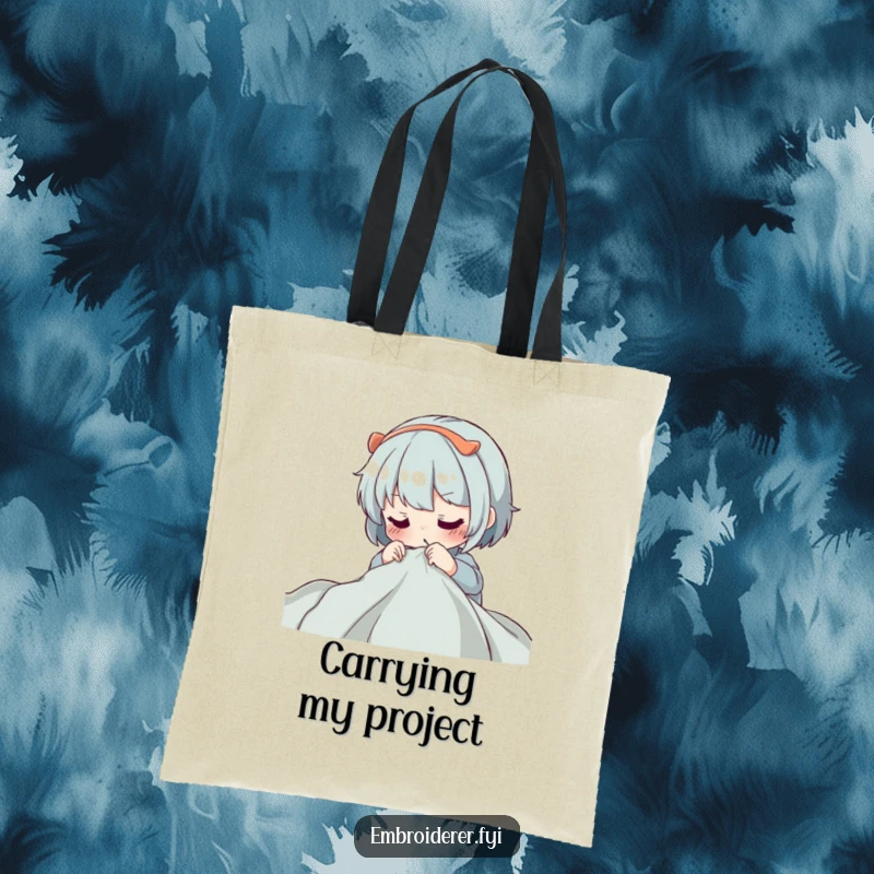 Funny Tote Bag: A character concentrating intensely while guiding a needle through fabric, ideal for carrying sewing notions.