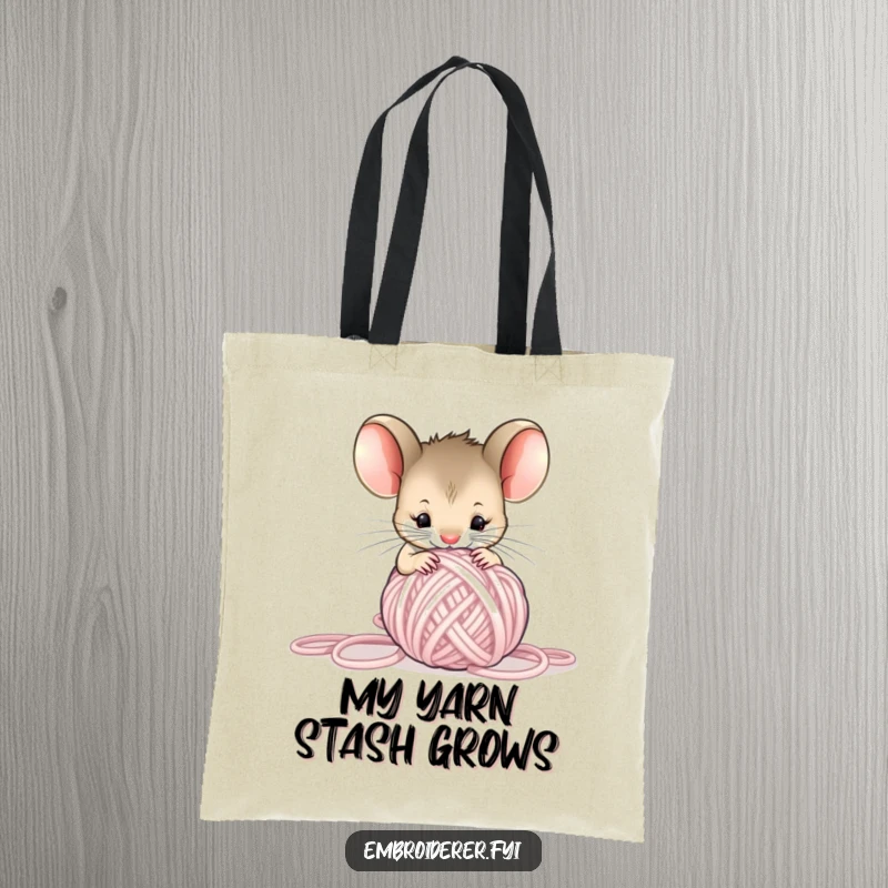 Funny Mouse Yarn Tote Bag, a curious mouse surrounded by tangled yarn, cute and humorous accessory for crafters.