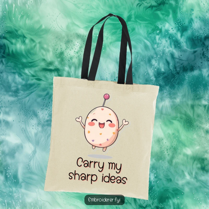 Funny pincushion tote bag featuring a cheerful character bouncing happily, ideal for shopping and crafting.