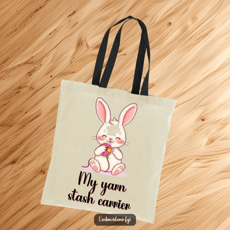 Funny tote bag with a cheerful rabbit embroidering a flower, ideal for carrying craft supplies with a humorous, charming touch.