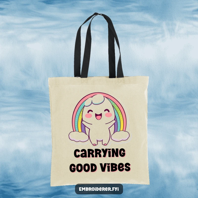 Funny tote bag showing a character proudly displaying a miniature rainbow arc, perfect for carrying craft supplies or daily essentials with joy.