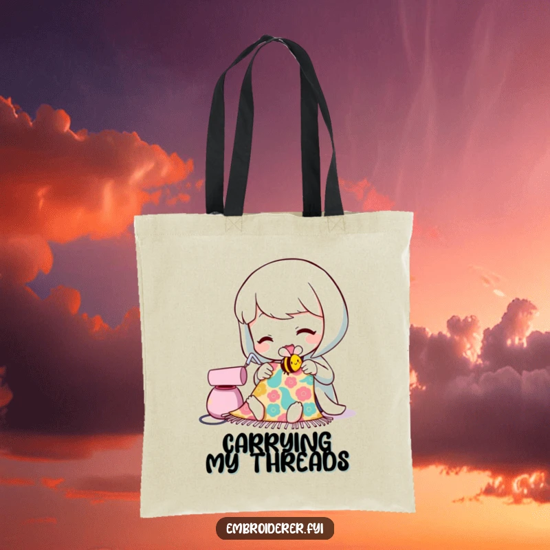 Funny tote bag showcasing a character sewing a smiling bee, ideal for carrying craft supplies with a humorous flair.