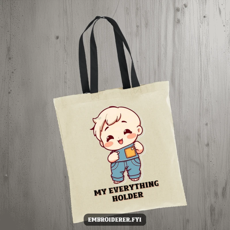 Funny cheerful character sewing a patch onto overalls on a durable tote bag, perfect for makers.