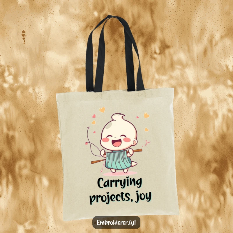 Funny tote bag with a cheerful figure laughing as stitches fly from a needle at high speed, perfect for carrying sewing notions.