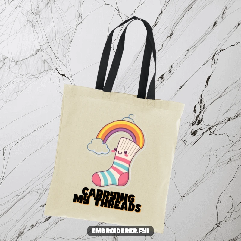 Funny Tote Bag showing a happy sock sewing a colorful rainbow onto a cloud.