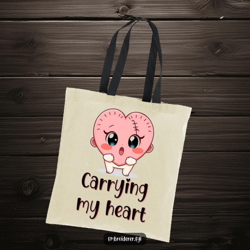 Funny tote bag with a surprised character looking wide-eyed at a wobbly, half-finished stitched heart.