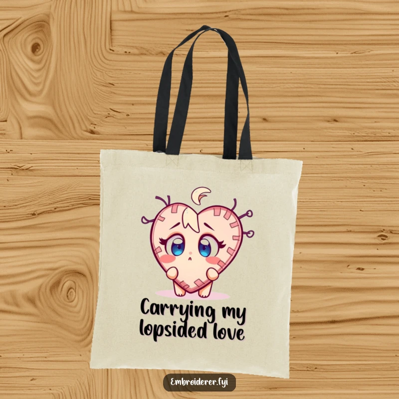 Funny stitch surprise tote bag with a character wide-eyed at a wobbly, half-finished stitched heart, great for crafters.