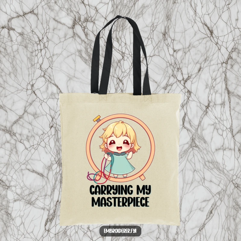 Funny tote bag with a delighted character pulling a long colorful thread from a giant embroidery hoop, stylish accessory.