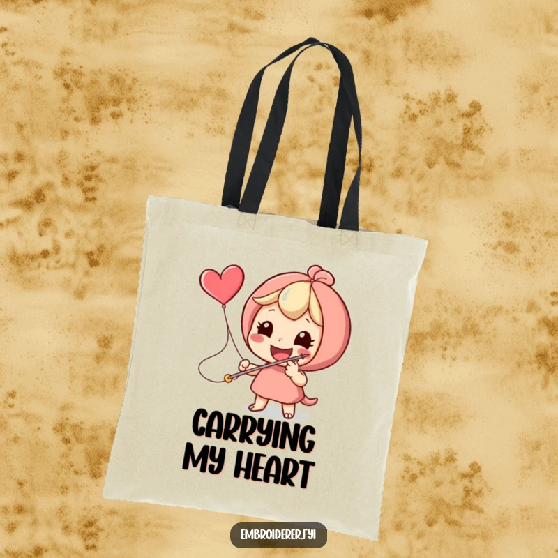 Funny character stitching a flying heart icon with a giant needle, depicted on a tote bag for crafters.