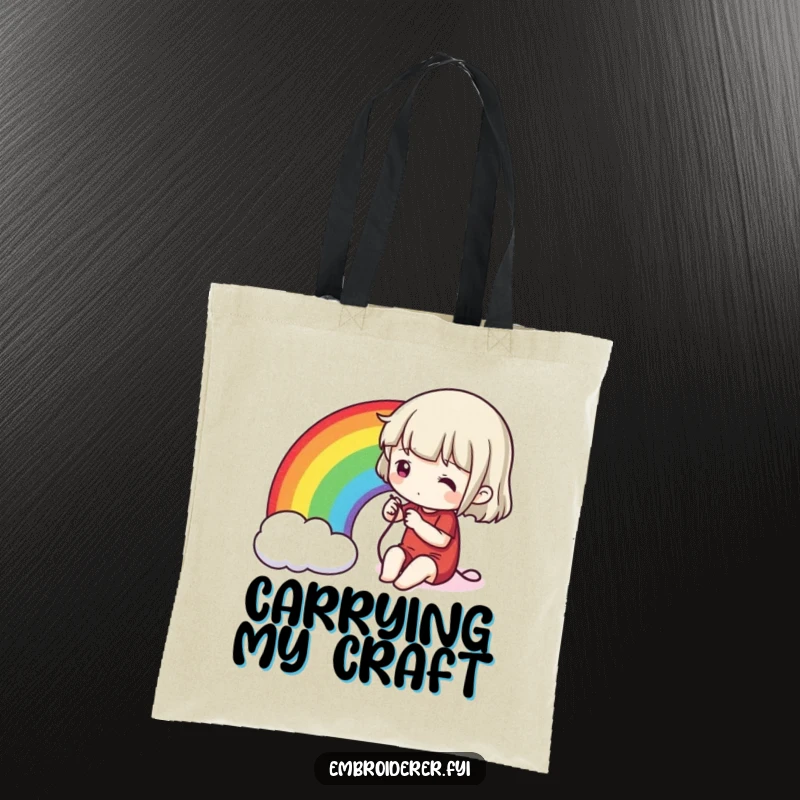 Funny stitching rainbow tote bag, illustrating a character carefully sewing a vibrant rainbow onto fabric, ideal for craft supplies.