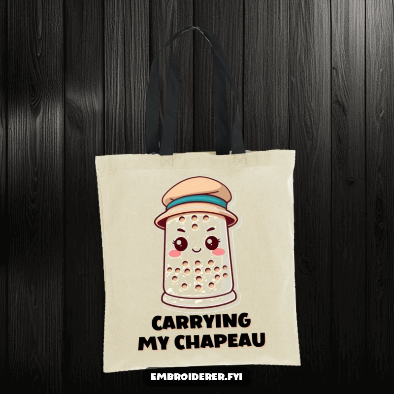 Funny anthropomorphic thimble wearing a tiny hat on a tote bag, representing determination and craft pride, perfect for funny tote bag shoppers.