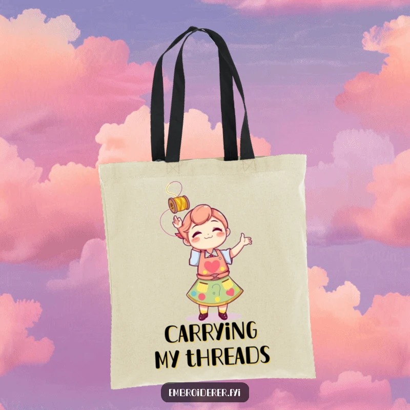 Funny character in a colorful apron playfully tossing a spool of thread, depicted on a tote bag for crafters.