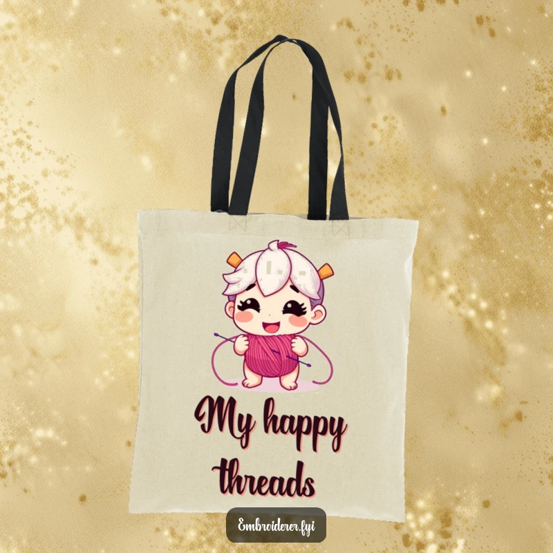 Funny tote bag with a grinning character unspooling colorful embroidery floss, ideal for carrying craft supplies with humor.