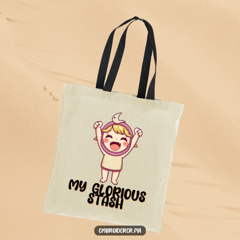 Funny embroidered patch tote bag, illustrating a character proudly holding up a beautifully embroidered patch, ideal for craft supplies.