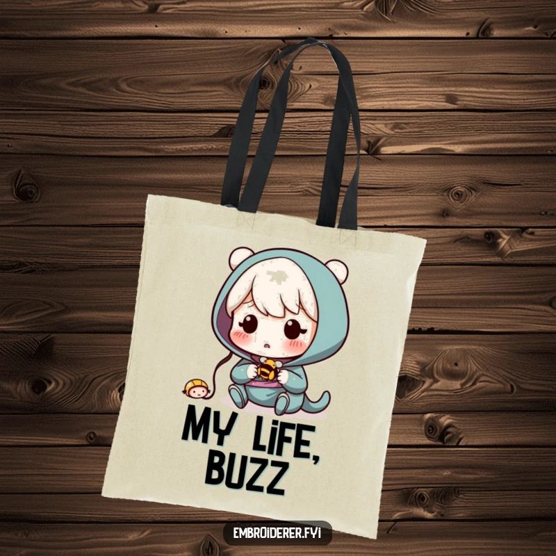 Funny Tote Bag: Surprised character accidentally sewing a tiny, buzzing bee, showcasing a funny mishap.