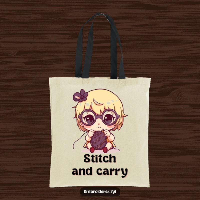 Funny tote bag with a cute character in big glasses, intensely focused on sewing with needle and thread.