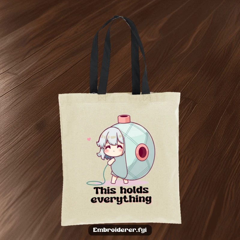 Funny Tote Bag depicting a character adorably overwhelmed by a giant spool of embroidery floss, a humorous crafter accessory.